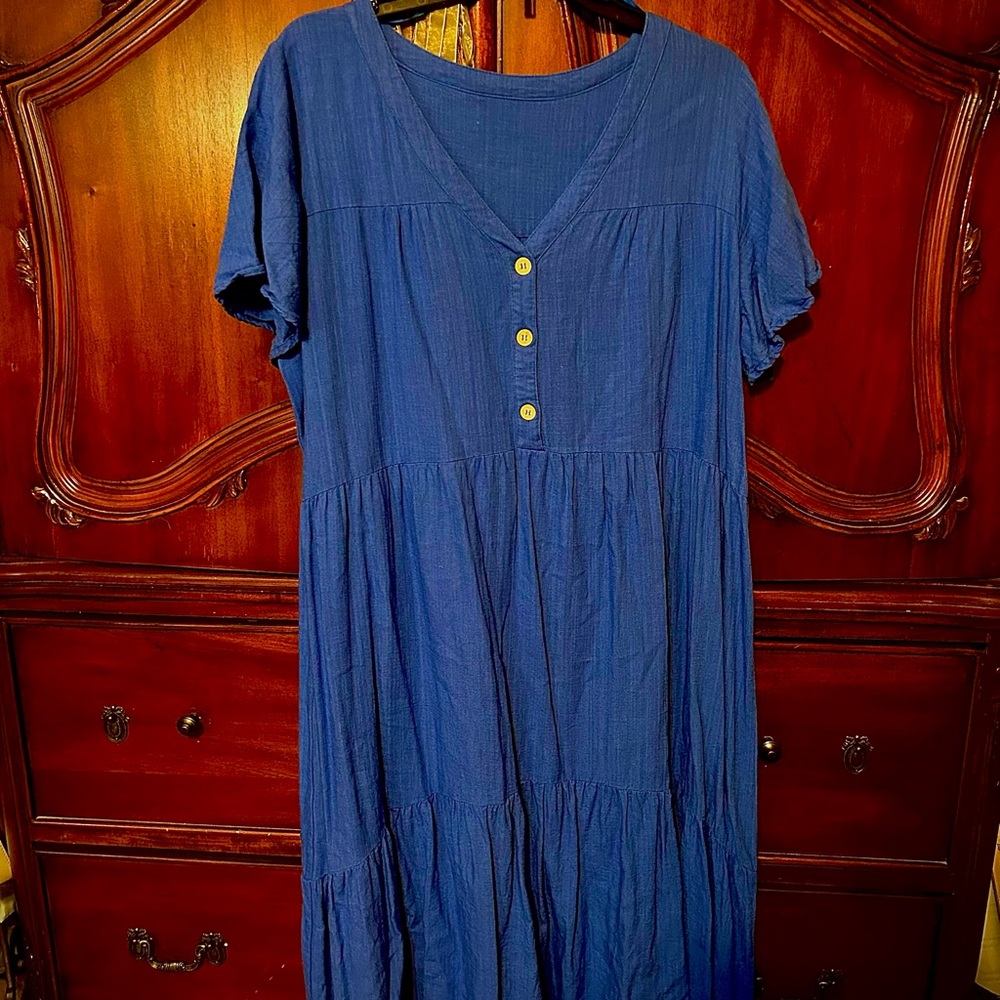 Blue V-Neck Buttoned Women's Dress